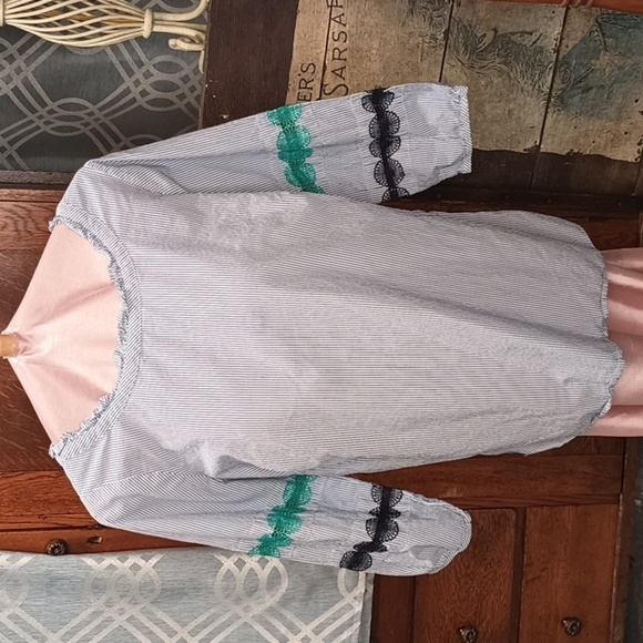 Talbots Tops - M2 Blue Pinstriped Navy Teal Cutout Embroidered Lace Sleeve Ruffle Neck Top 0X